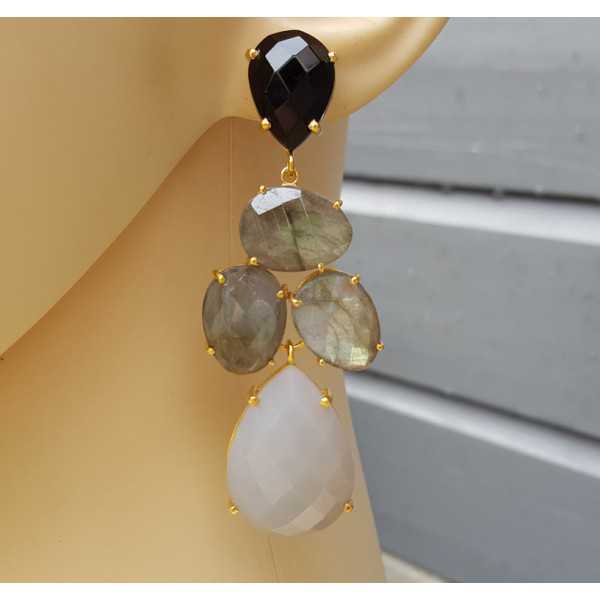 Gold plated earrings with Onyx, Labradorite and gray Chalcedony