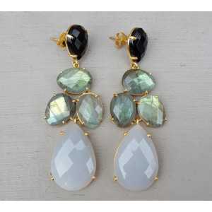 Gold plated earrings with Onyx, Labradorite and gray Chalcedony