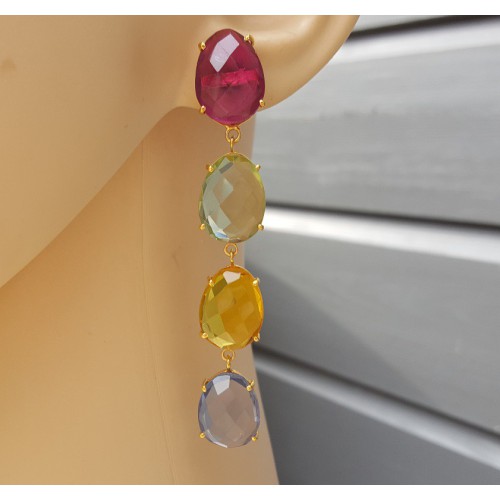 Vergulde oorbellen roze Toermalijn quartz, Citrien, Topaas en groene Amethist quartz