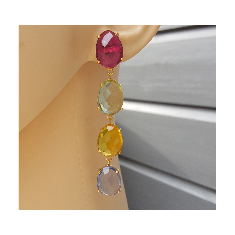 Gold plated earrings, pink Tourmaline quartz, Citrine, Topaz, and green Amethyst quartz