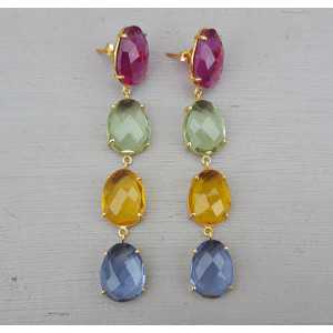 Gold plated earrings, pink Tourmaline quartz, Citrine, Topaz, and green Amethyst quartz