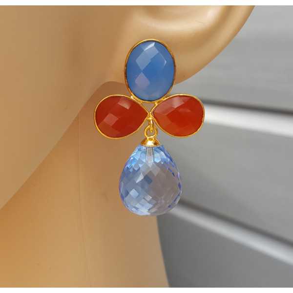 Gold plated earrings, blue Chalcedony, Carnelian, and blue Topaz briolet