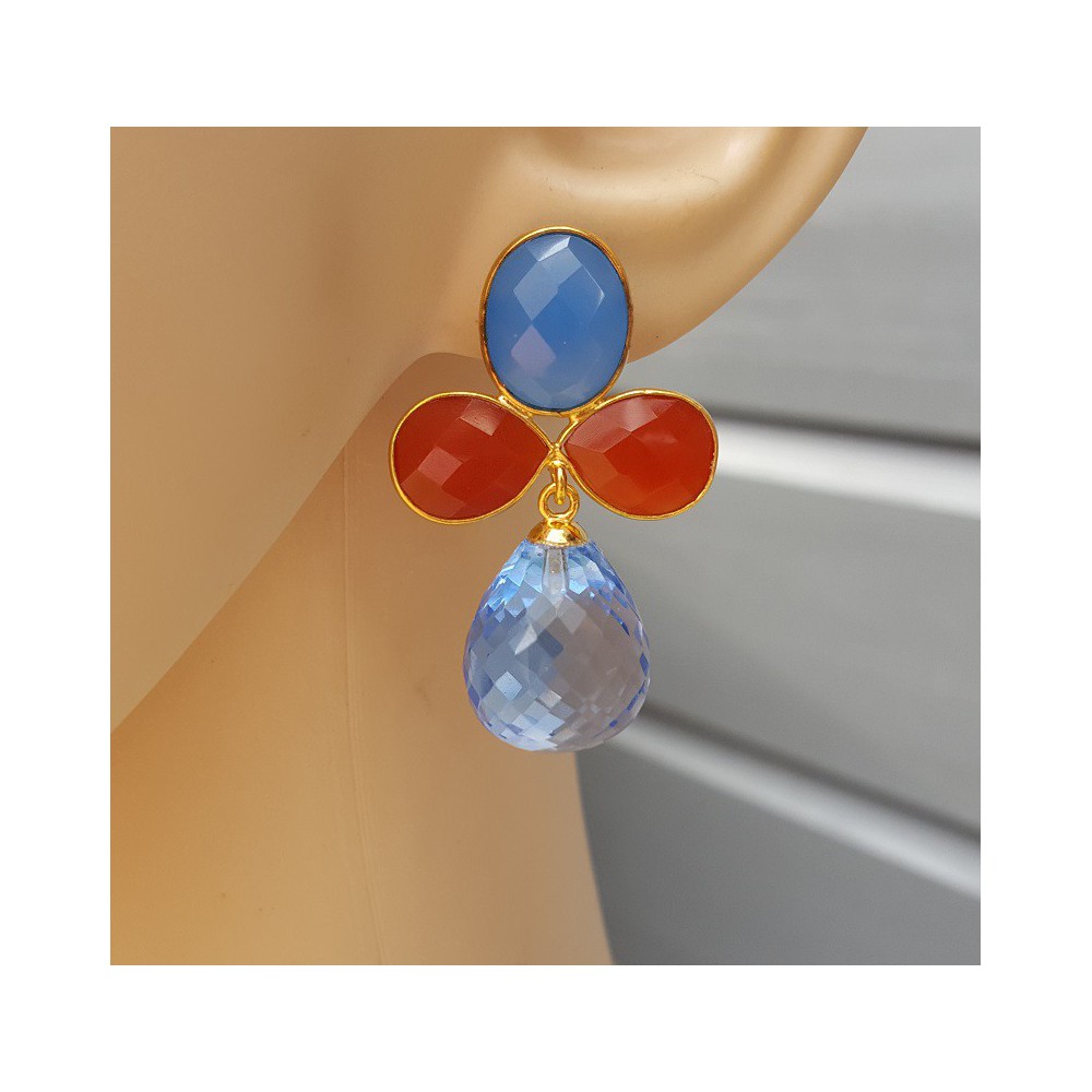 Gold plated earrings, blue Chalcedony, Carnelian, and blue Topaz briolet