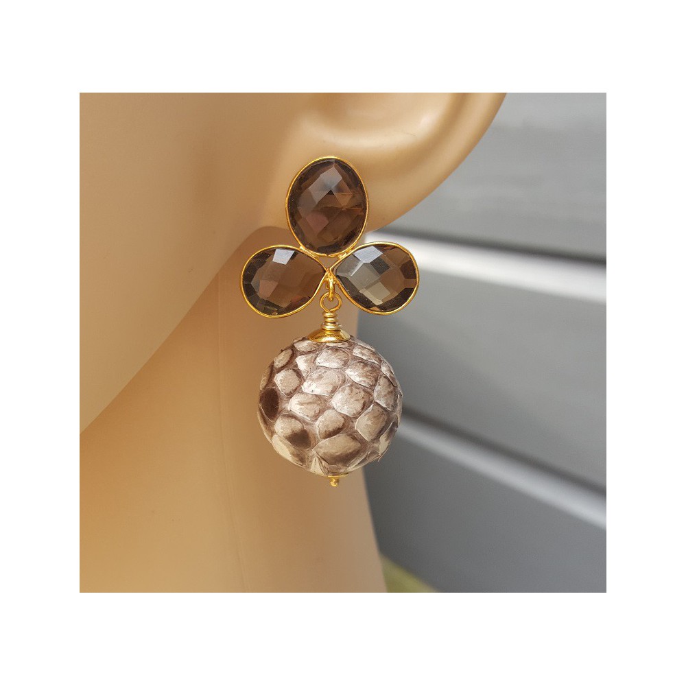 Gold plated earrings with Smokey Topaz and sphere of Snakeskin