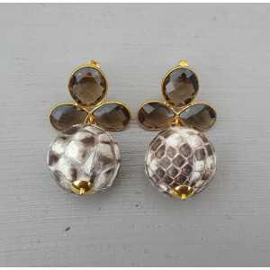 Gold plated earrings with Smokey Topaz and sphere of Snakeskin