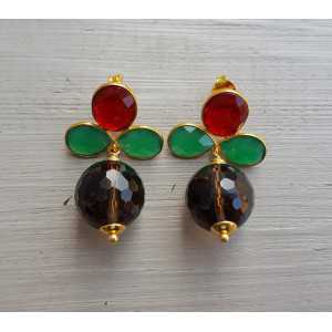 Gold plated earrings with Smokey Topaz, green Onyx and Garnet quartz,