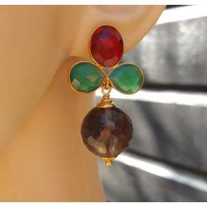 Gold plated earrings with Smokey Topaz, green Onyx and Garnet quartz,