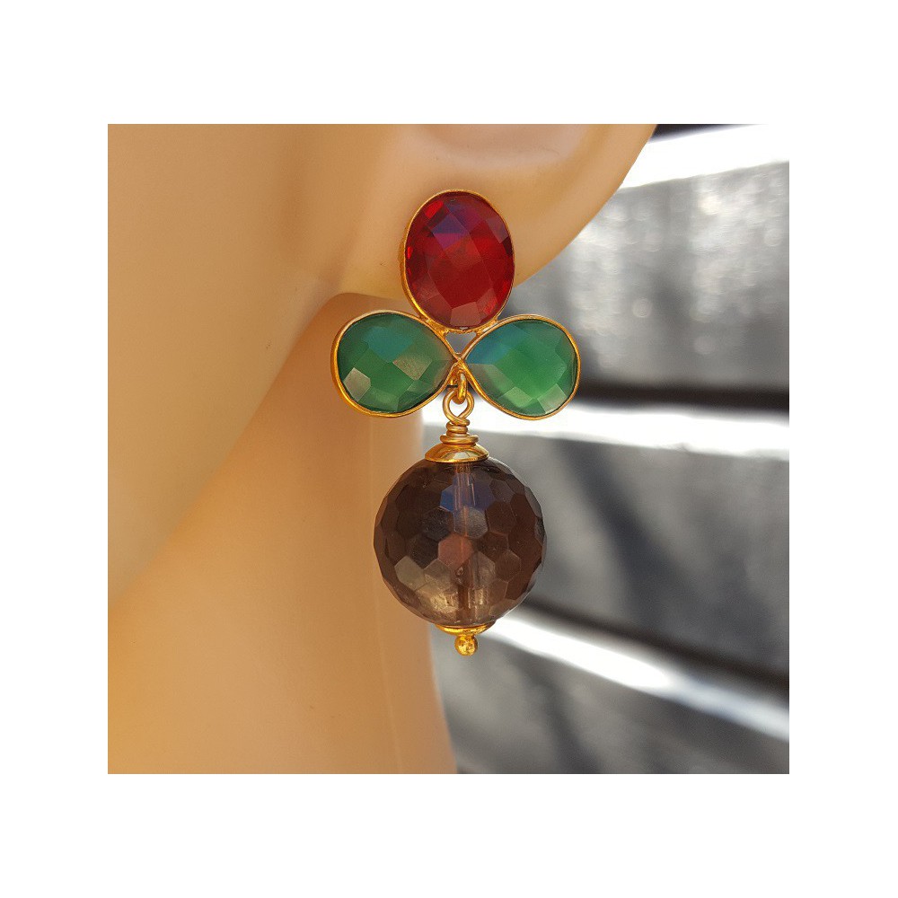 Gold plated earrings with Smokey Topaz, green Onyx and Garnet quartz,