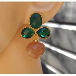 Gold plated earrings green Onyx, Emerald green quartz and Moonstone