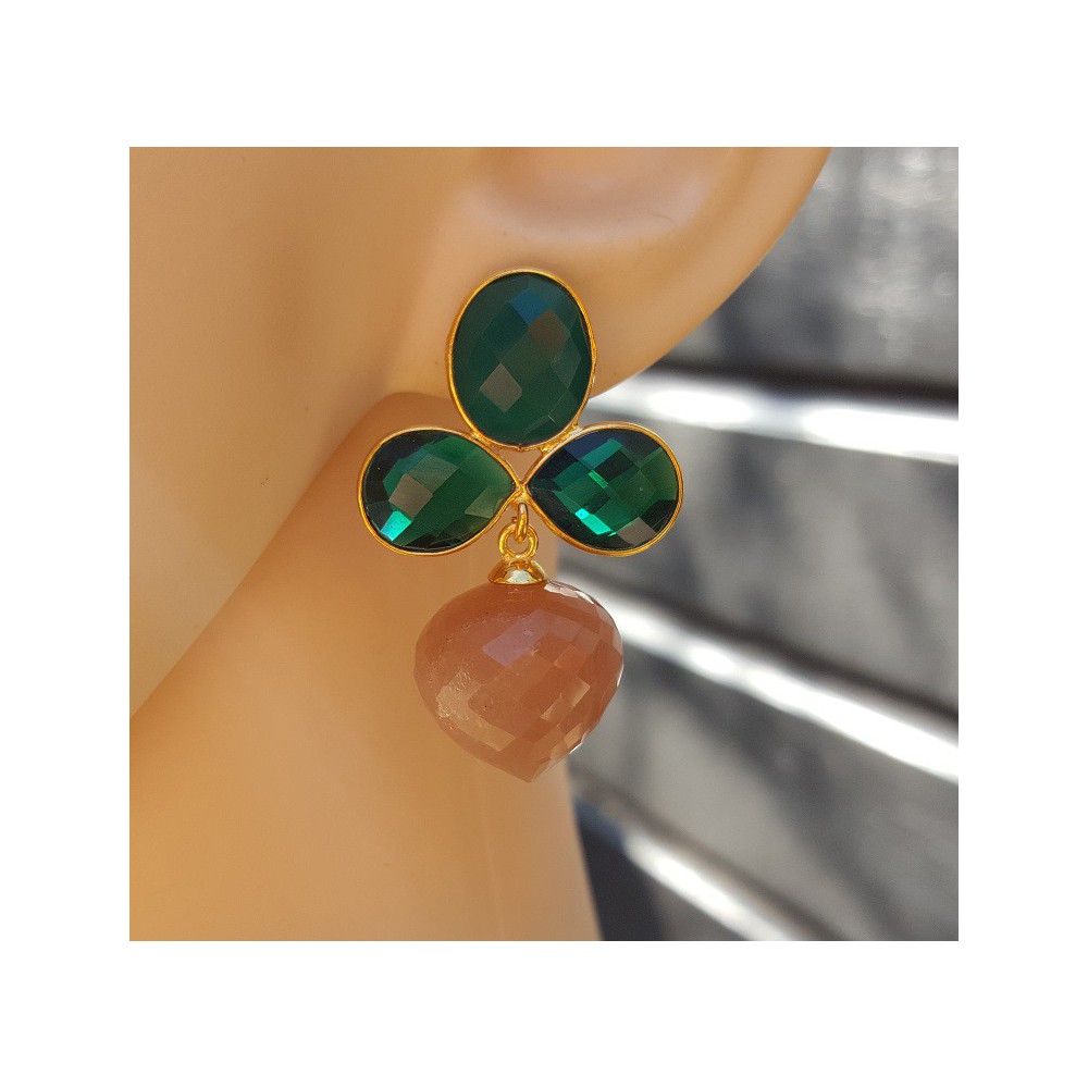 Gold plated earrings green Onyx, Emerald green quartz and Moonstone