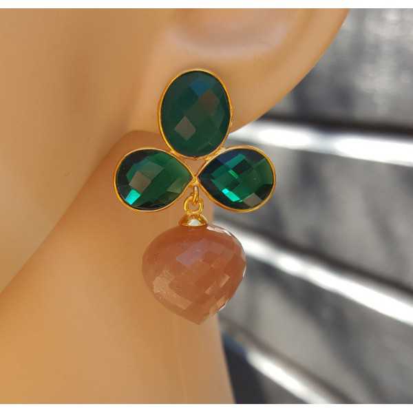 Vergulde oorbellen groene Onyx, Emerald groene quartz en Maansteen