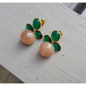Gold plated earrings green Onyx, Emerald green quartz and Moonstone