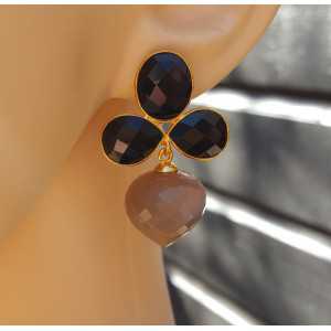 Gold plated earrings with black Onyx and grey Moonstone