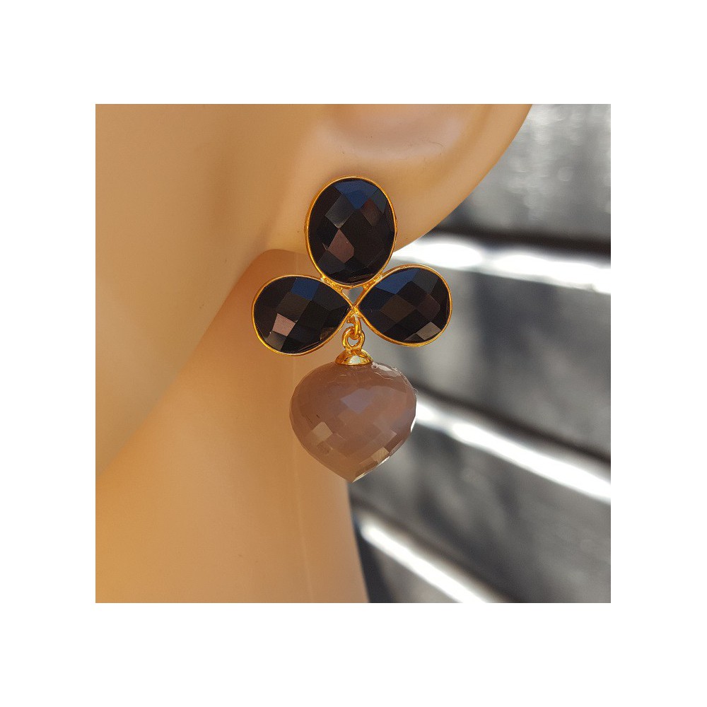 Gold plated earrings with black Onyx and grey Moonstone