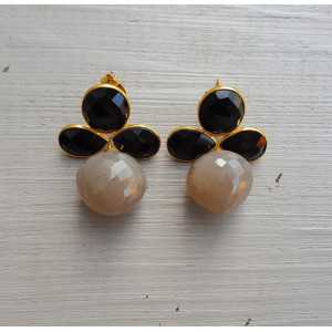 Gold plated earrings with black Onyx and grey Moonstone