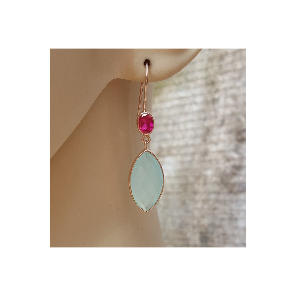 Rosé plated earrings with aqua Chalcedony and pink Tourmaline quartz