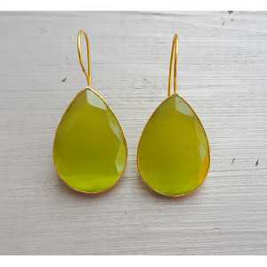 Gold plated earrings with large oval green cats eye
