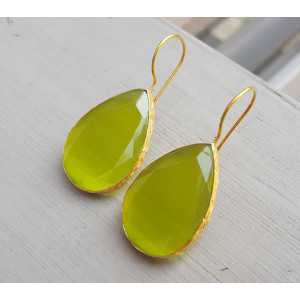 Gold plated earrings with large oval green cats eye