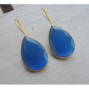 Gold plated earrings with large teardrop blue cat's eye