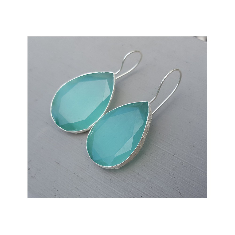 Silver earrings wide teardrop shaped mint green cat's eye