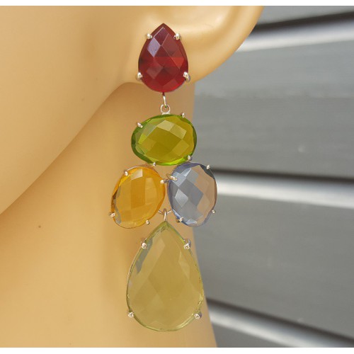 Zilveren oorbellen groene Amethist, Citrien, Granaat en Topaas