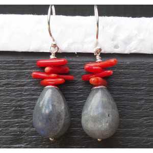 Silver earrings with Labradorite and Coral 