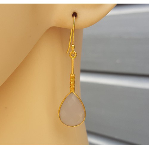 Goud vergulde oorbellen met grijze Chalcedoon