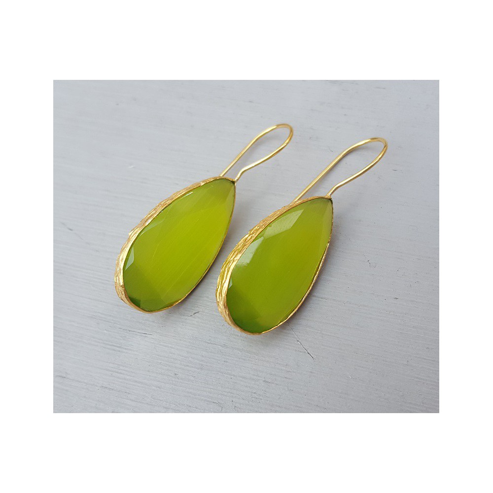 Gold plated earrings set with small oval green cats eye