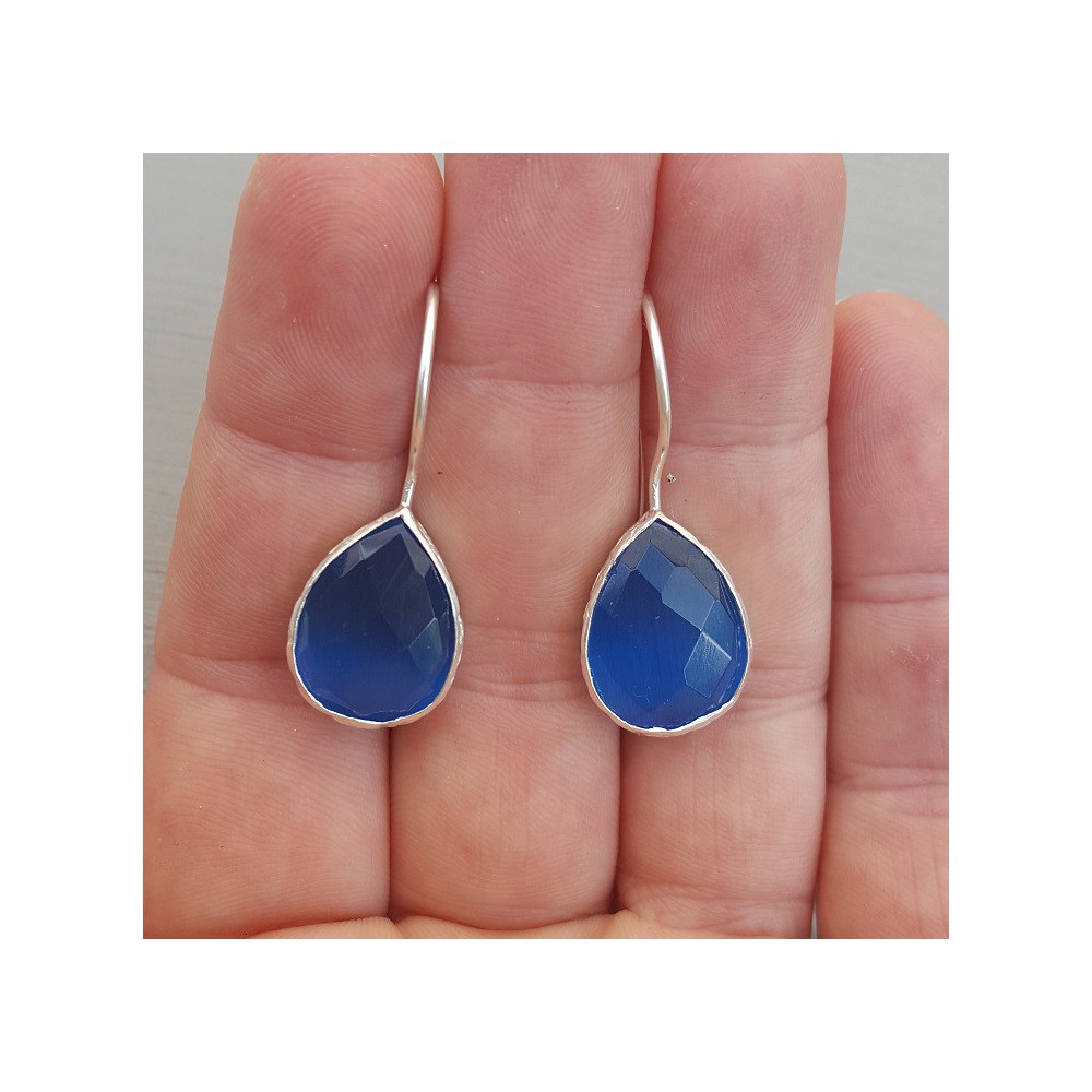 Silver earrings with teardrop blue cat's eye