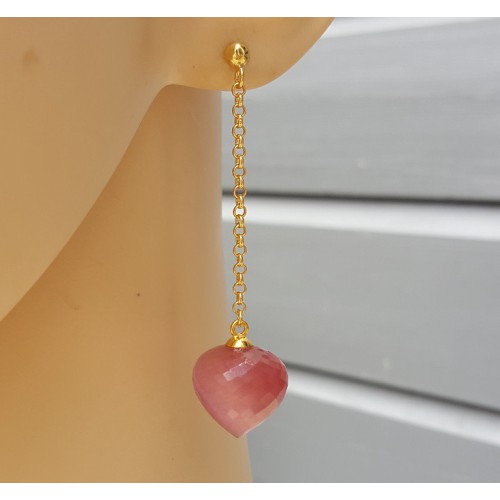 Lange oorbellen met roze Kattenoog briolet