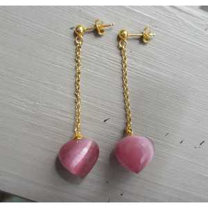 Long earrings with pink cat's eye briolet