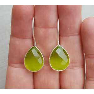 Silver earrings with drop shaped green cats eye