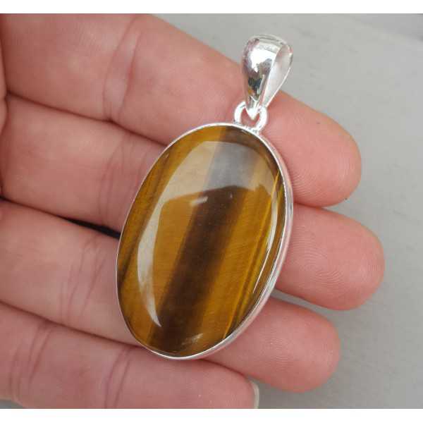 Silver edelsteenhanger set with oval cabochon tiger's eye