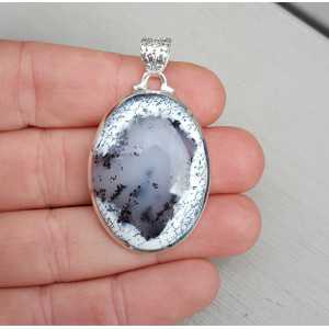 Silver pendant set with oval cabochon Dendrite Opal