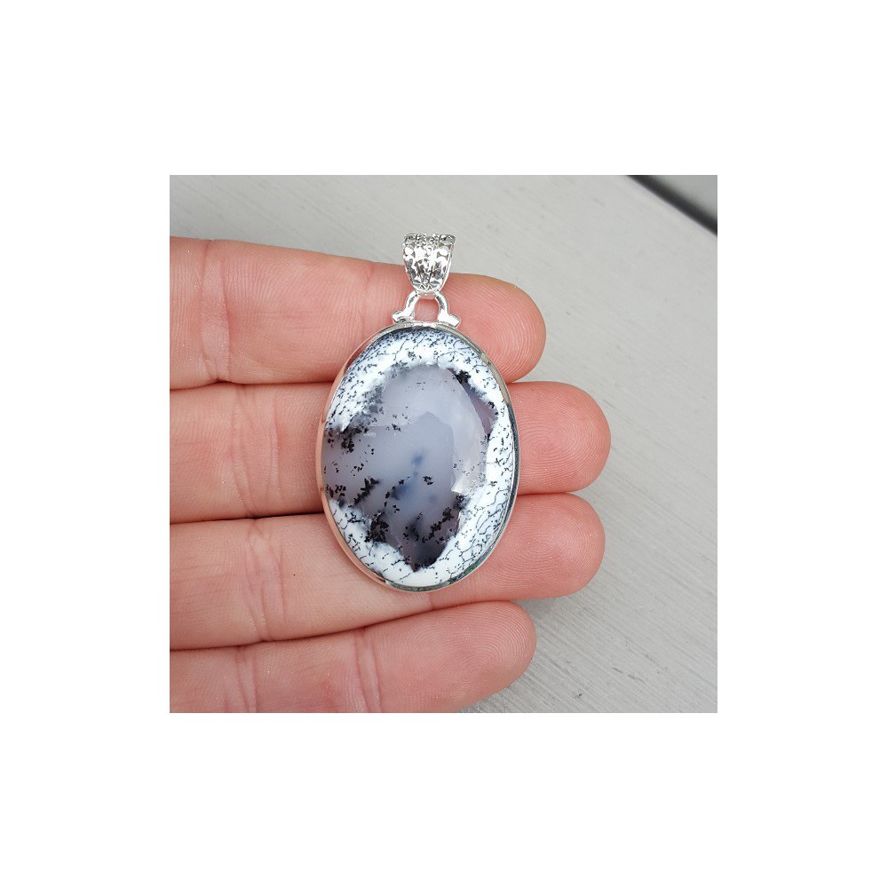 Silver pendant set with oval cabochon Dendrite Opal