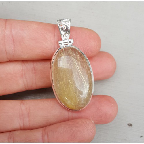 Zilveren edelsteen hanger ovale cabochon gouden Rutielkwarts
