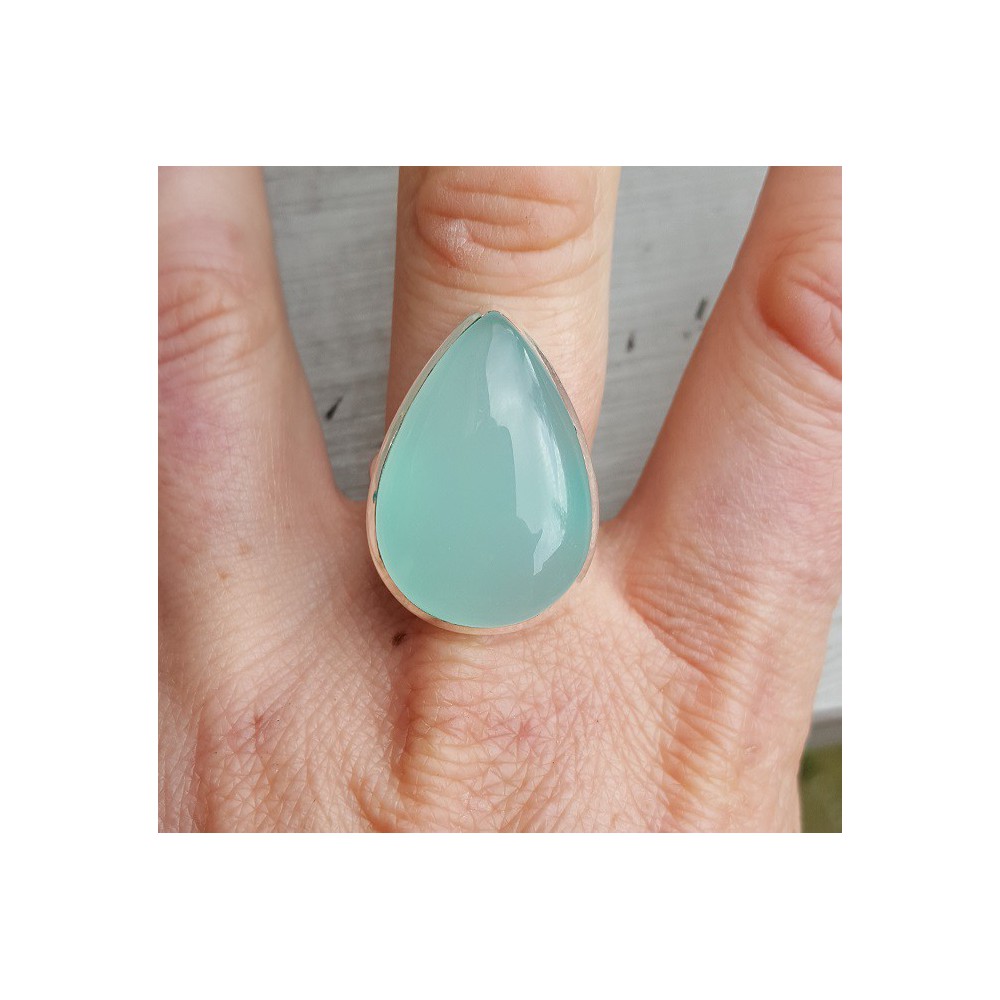 Silver ring set with teardrop aqua Chalcedony 17.7