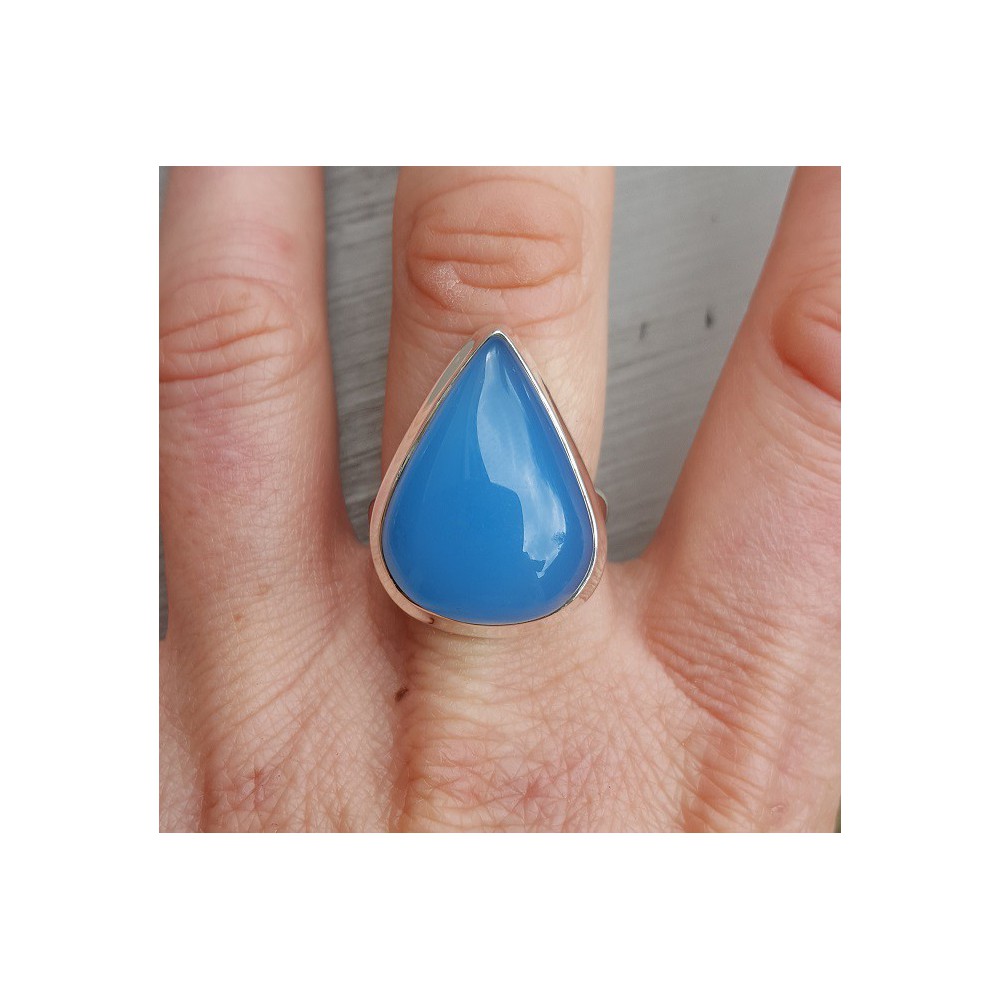 Silver ring with oval blue Chalcedony 18.5