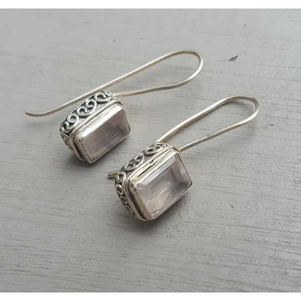 Silver earrings set with rectangular faceted rose quartz