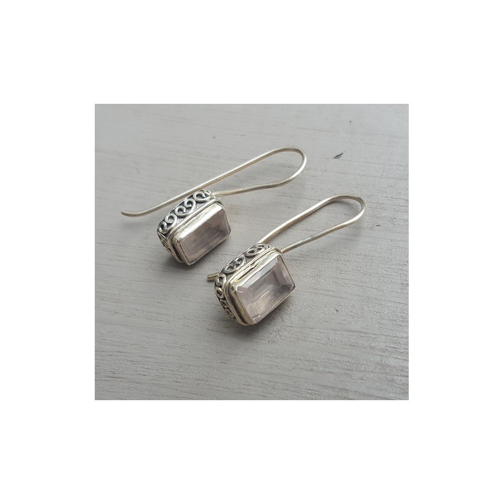 Silver earrings set with rectangular faceted rose quartz