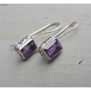 Silver earrings set with rectangular faceted Amethyst