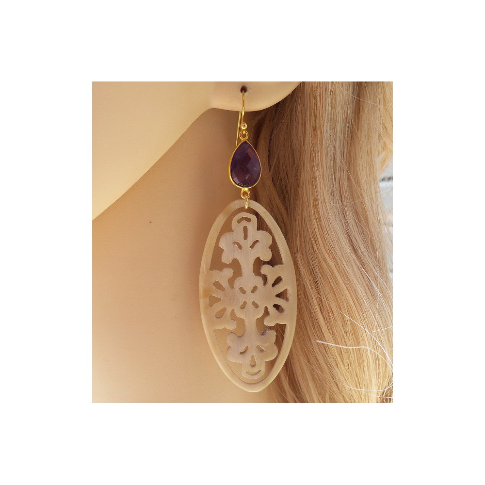 Gold plated earrings with Amethyst and buffalo horn