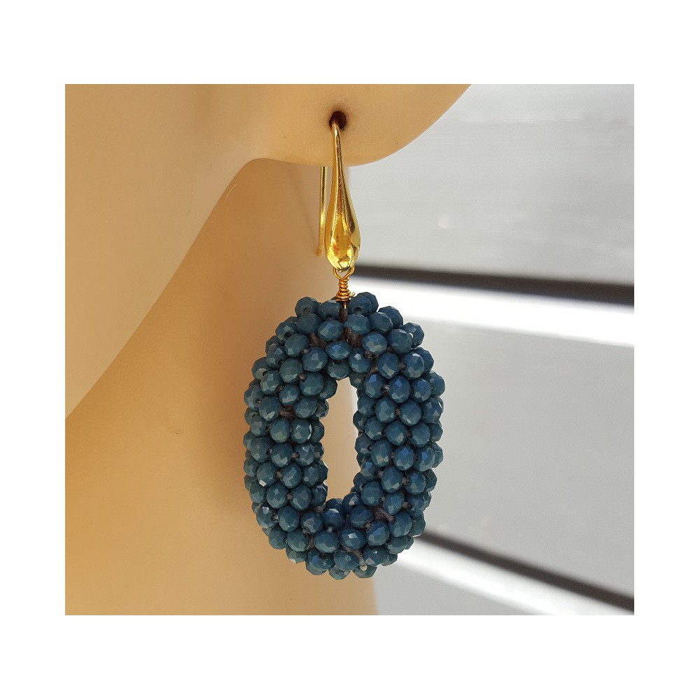 Earrings oval pendant, jeans blue crystals