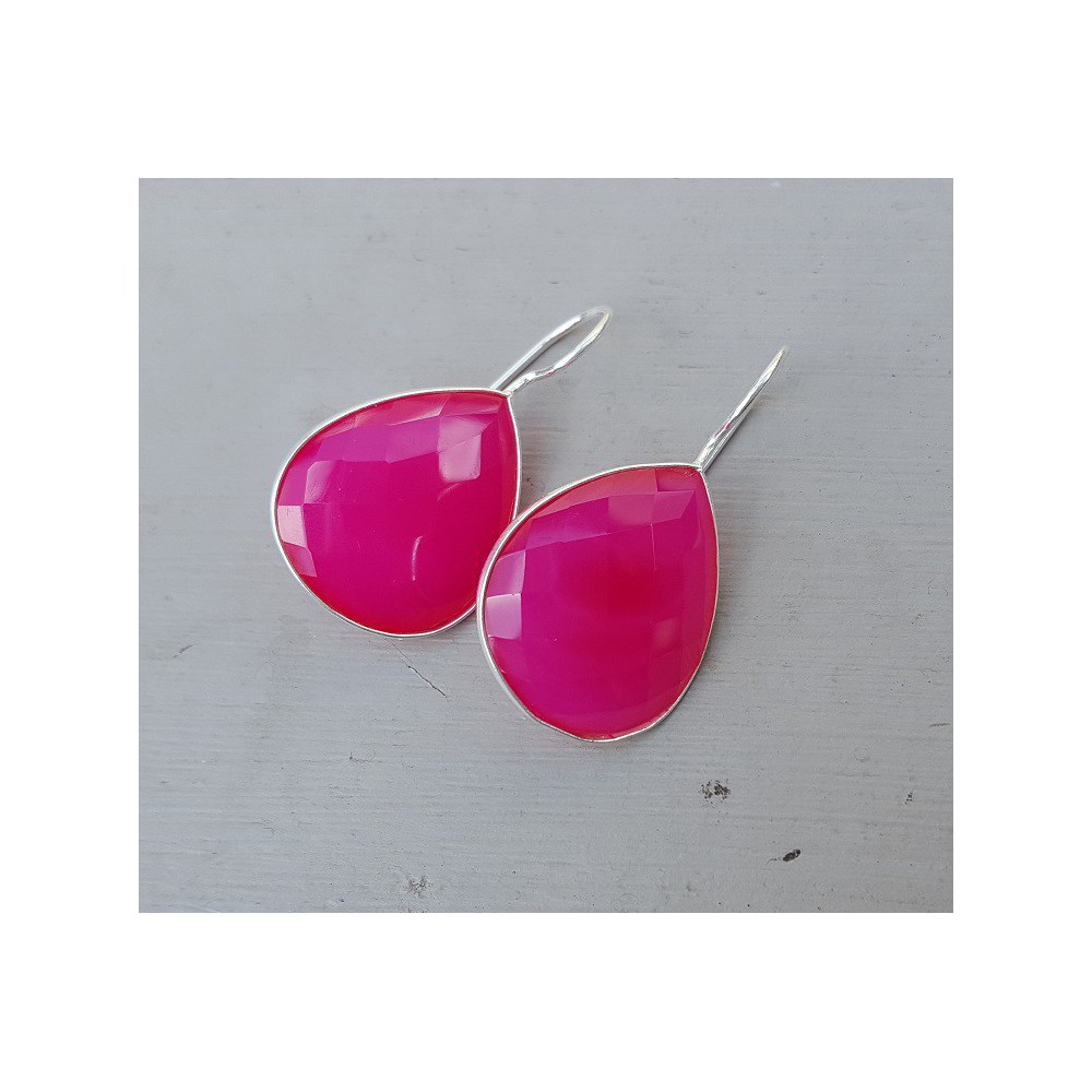 Silber Ohrringe-set mit oval Fuchsie rosa Chalcedon