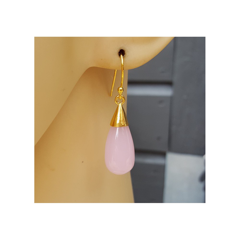 Gold plated earrings with drop of pink Chalcedony