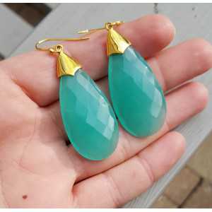 Gold plated earrings with large aqua Chalcedony briolet
