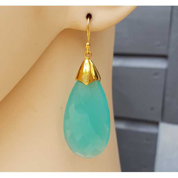 Gold plated earrings with large aqua Chalcedony briolet