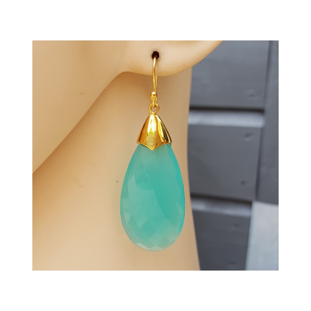 Gold plated earrings with large aqua Chalcedony briolet