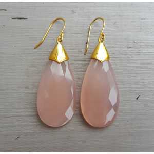 Gold plated earrings with large pink Chalcedony briolet
