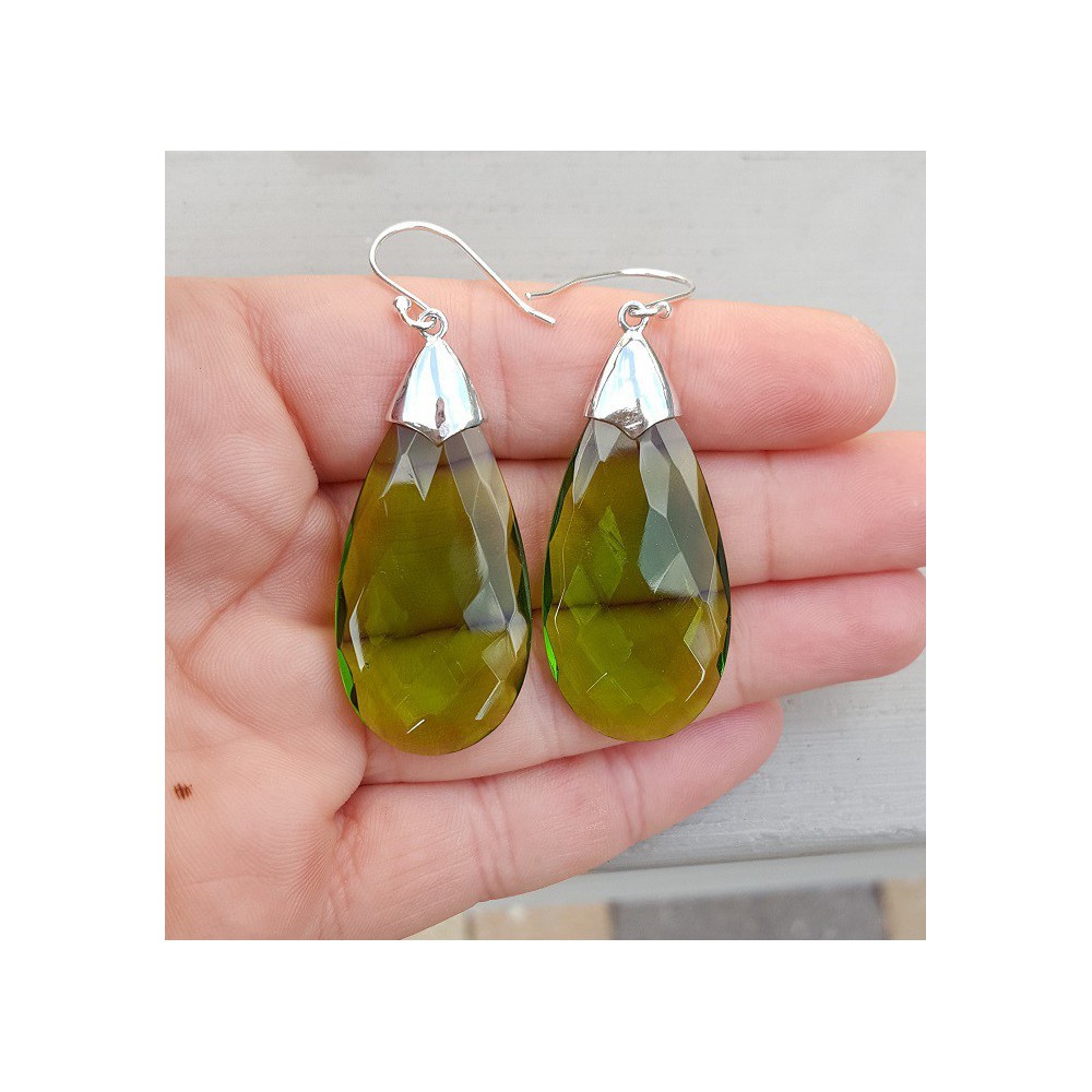 Silver earrings with large Peridot quartz briolet